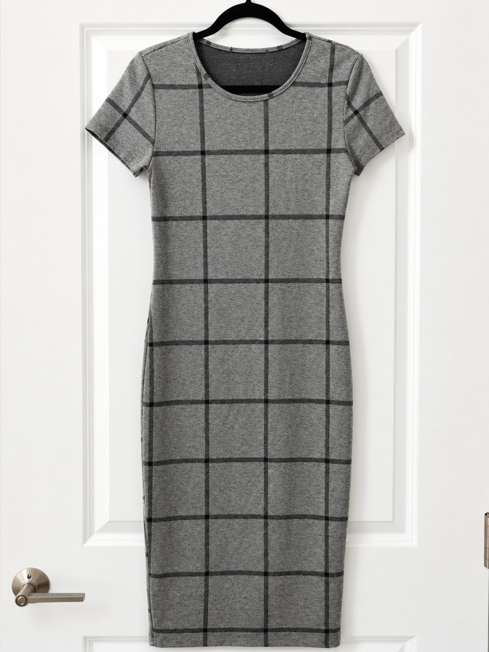 Gray Grid Knit Bodycon Midi Dress 90s Dark Academic Mod Goth Size Medium
